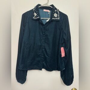 Ivy City Co Women’s Elise Top In Teal Velvet Size Medium NWT sparkle Collar